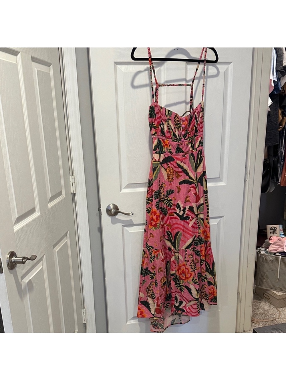 🐅Farm Rio for Anthropologie Pink Forest Print Midi Open Back Summer Dress Large - Picture 5 of 11